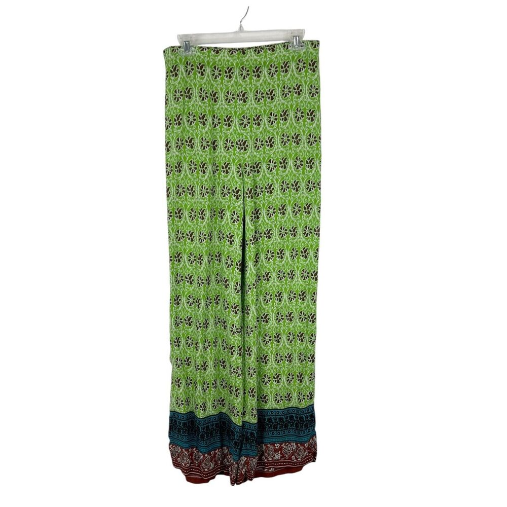 Zara Pants Women Large Green Brown Floral Loose Wide Leg Pull On Casual Bottoms